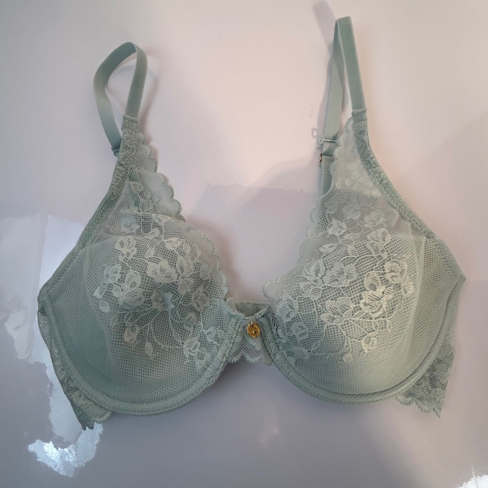 Natori Sage Green Lace Trim‎ Underwire Balconette Bra 32C - Picture 6 of 11